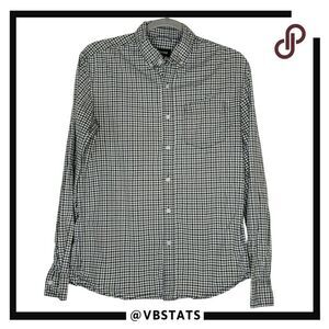 Betabrand Mens Plaid Checked Long Sleeve Button Up Shirt Navy Green Size Small